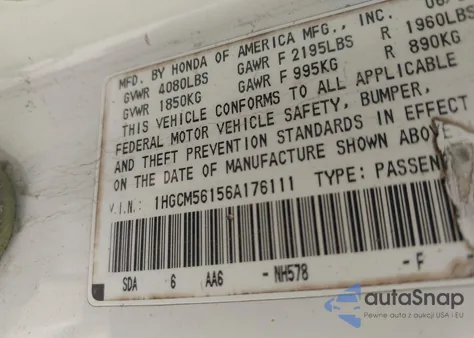 2006 Honda Accord 2.4 Vp из США, поврежденный, VIN 1HGCM56156A176111